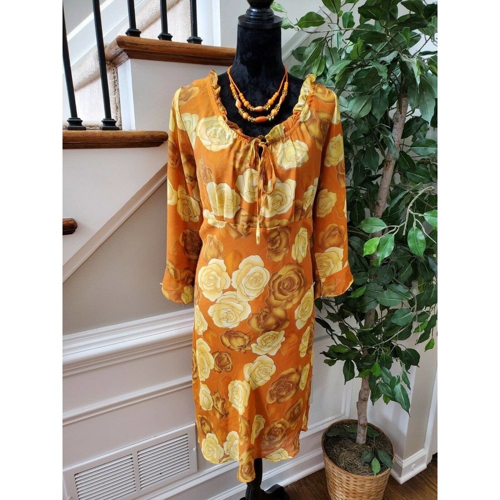 Millenium Women's Orange Floral Scoop Neck Long Sleeve Knee Length Dress Size 20